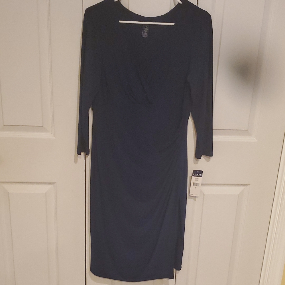 Chaps Blue Sheath Dress V-Neck 3/4 Sleeve